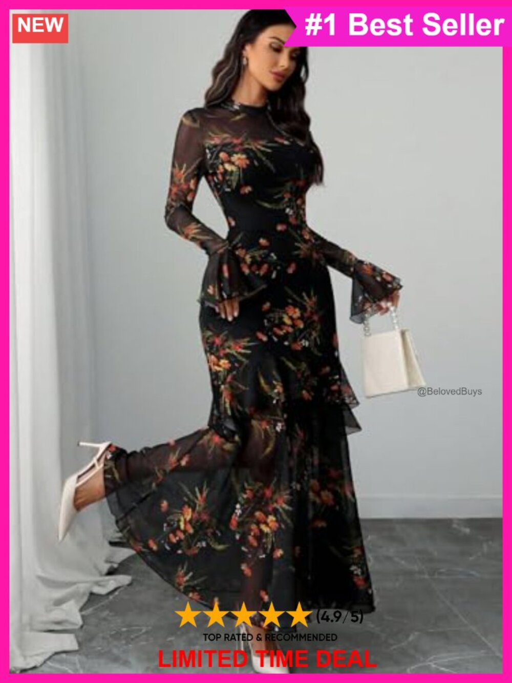 Women Floral Maxi Dress Bell Sleeve Mermaid Hem Mesh Party Wedding Guest - Picture 4 of 6